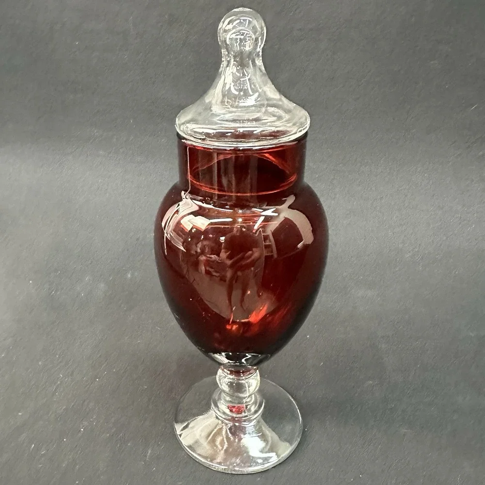 Anchor Hocking Royal Ruby Depression Glass Apothecary Jar With Clear Pedestal.